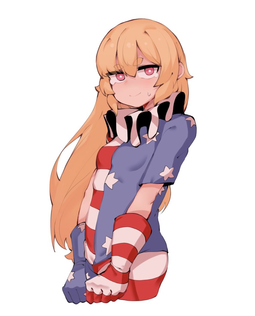 1girl, american_flag_dress, american_flag_gloves, american_flag_legwear, american_flag_print, bad_id, bad_pixiv_id, blonde_hair, closed_mouth, clownpiece, cowboy_shot, cropped_legs, dress, fairy, gloves, hair_between_eyes, highres, long_hair, pantyhose, pink_eyes, print_gloves, short_sleeves, simple_background, solo, soya6479, star_(symbol), star_print, striped_clothes, striped_dress, striped_pantyhose, tears, thick_eyebrows, touhou, white_background