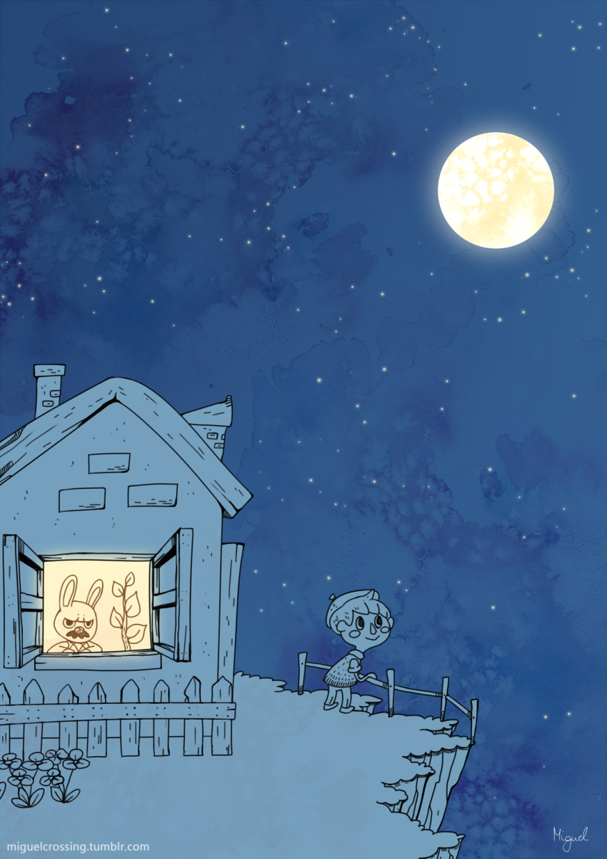 animal_crossing, cliff, full_moon, gaston_(animal_crossing), highres, house, miguel_crossing, moon
