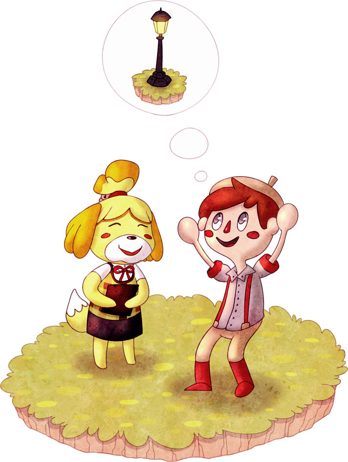 animal_crossing, beret, dog, hat, isabelle_(animal_crossing), lamppost, miguel_crossing, nintendo