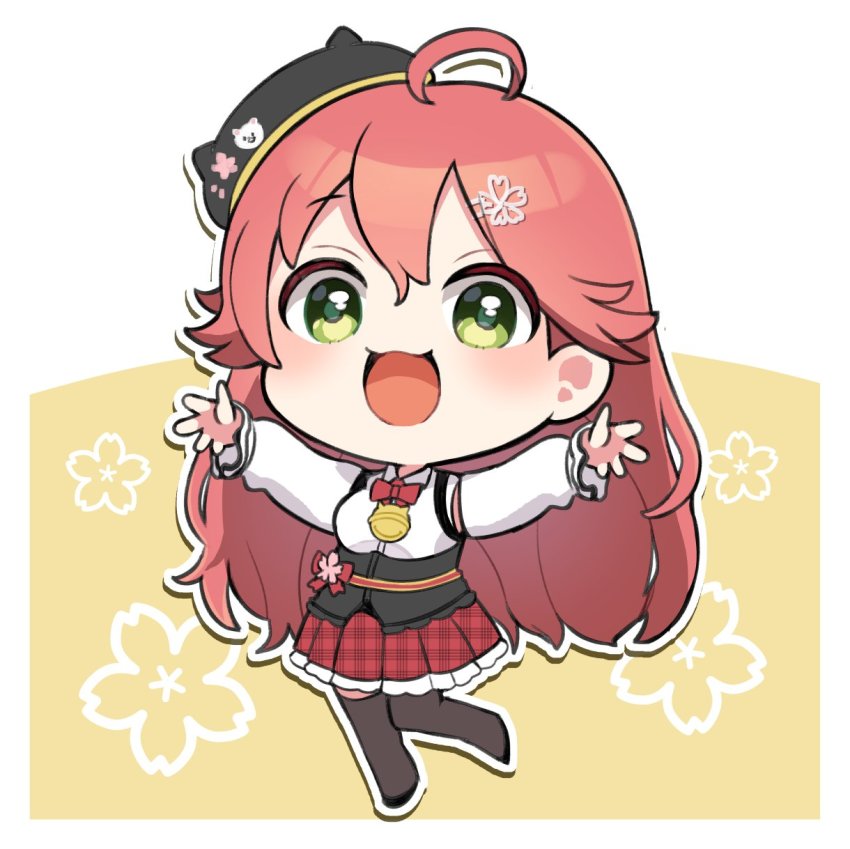 1girl, ahoge, alternate_hairstyle, arms_up, chibi, full_body, green_eyes, hair_ornament