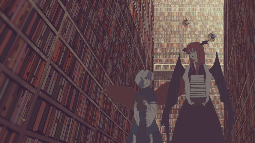 4girls, :d, bird_wings, black_dress, black_wings, blue_bow, blue_dress, book