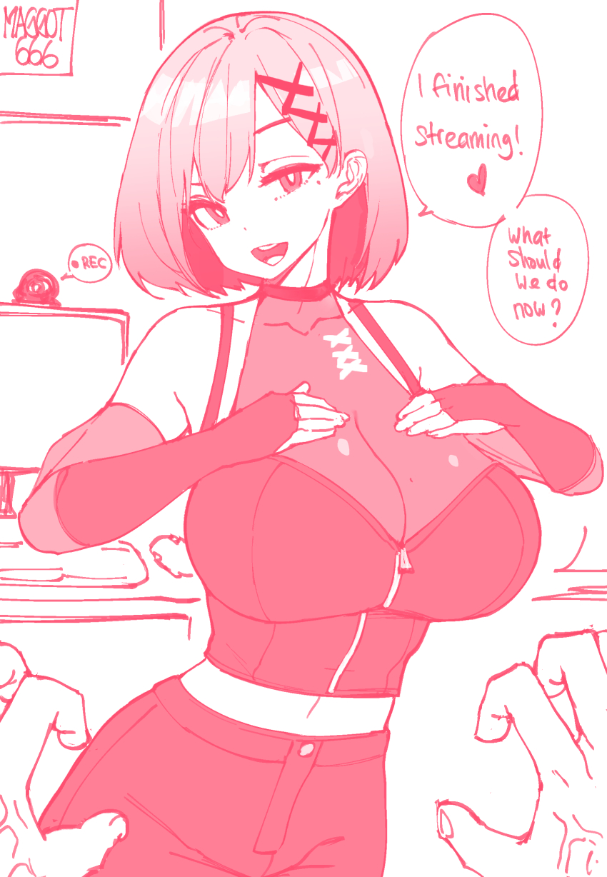 1girl, absurdres, artist_name, bare_shoulders, breasts, cleavage, cowboy_shot, english_text, facing_viewer, fingerless_gloves, gloves, hair_ornament, head_tilt, highres, indoors, large_breasts, looking_at_viewer, midriff, midriff_peek, mole, mole_under_eye, monochrome, navel, nijisanji, nijisanji_id, norman_maggot, pants, pov, recording, see-through_clothes, siska_leontyne, speech_bubble, standing, veins, veiny_hands, virtual_youtuber, webcam, x_hair_ornament, zipper, zipper_pull_tab