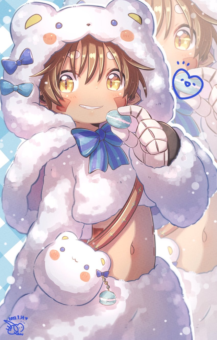 1boy, animal_costume, bandam, brown_hair, candy, chocolate, dark_skin, food