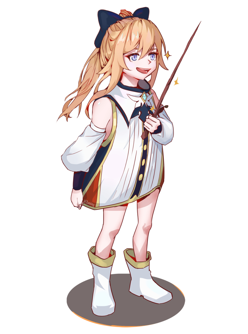 1girl, :d, absurdres, aged_down, alternate_costume, bare_shoulders, blonde_hair, blue_bow