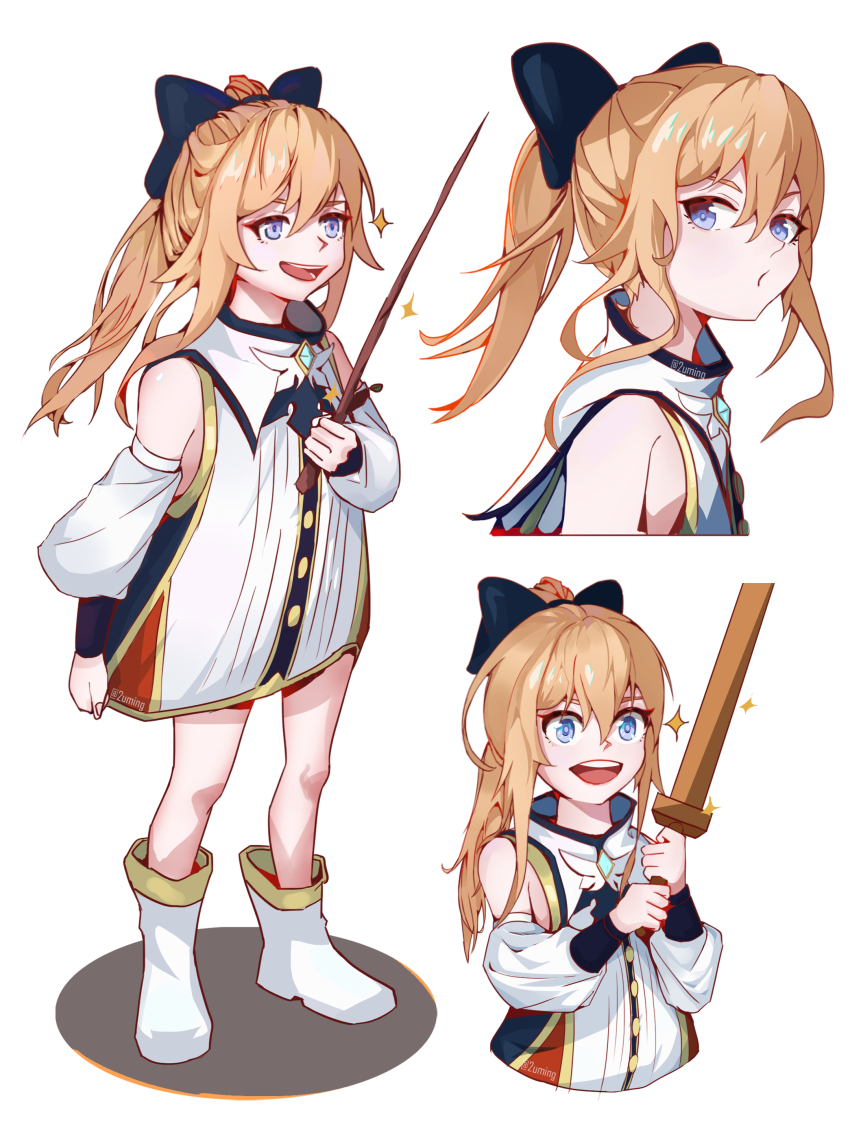 1girl, :d, absurdres, aged_down, alternate_costume, bare_shoulders, blonde_hair, blue_bow