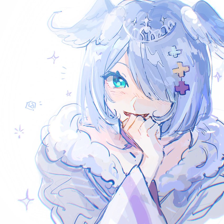 0021, 1girl, blue_eyes, blue_hair, breasts, cleavage, clenched_hand, collarbone