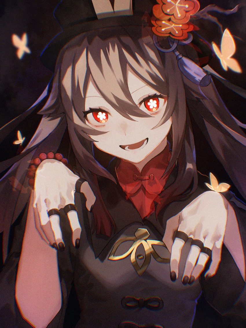 1girl, bead_bracelet, beads, black_background, black_coat, black_hat, bracelet, breasts