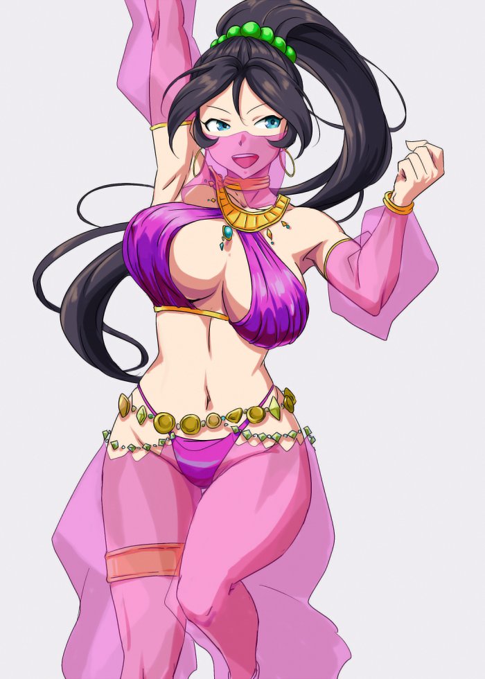 1girl, :d, alternate_costume, anbj, ancient_egyptian_clothes, arm_up, armpits, black_hair, blue_eyes, breasts, breasts_apart, commentary, dancer, detached_sleeves, earrings, forehead, hair_between_eyes, high_ponytail, idolmaster, idolmaster_cinderella_girls, jewelry, large_breasts, looking_to_the_side, navel, necklace, open_mouth, ponytail, see-through_clothes, see-through_legwear, see-through_sleeves, simple_background, smile, solo, sugisaka_umi, teeth, thigh_gap, thigh_strap, upper_teeth_only, v-shaped_eyebrows, white_background