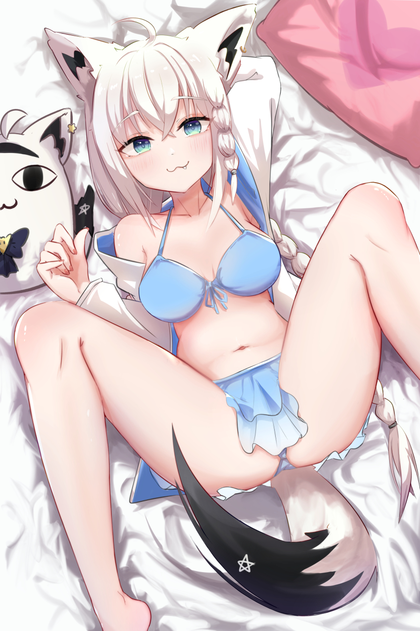 :3, absurdres, ahoge, animal_ears, aqua_eyes, arm_behind_head, bare_legs, barefoot