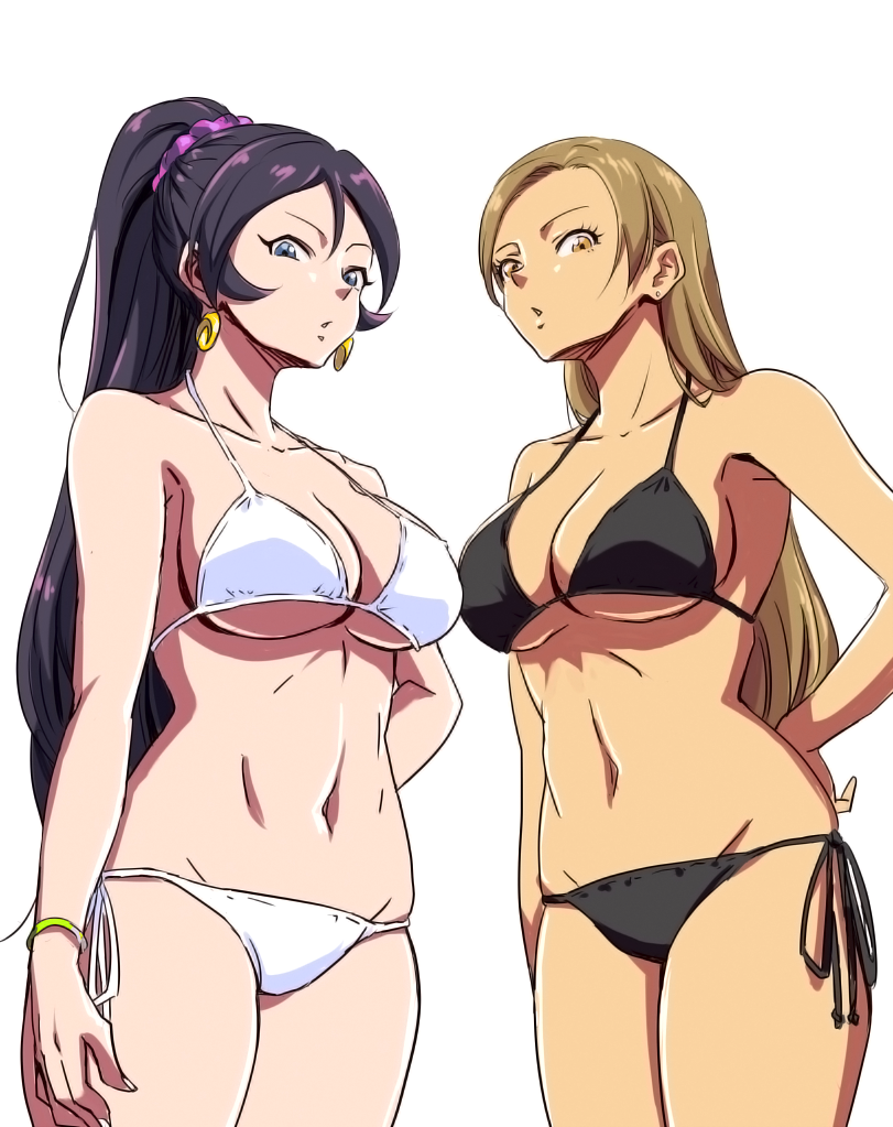 2girls, anbj, bare_shoulders, bikini, black_bikini, black_hair, blue_eyes, breasts