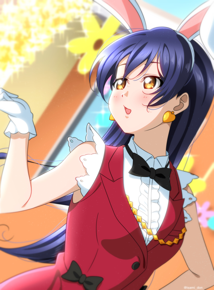 1girl, absurdres, animal_ears, artist_name, artist_request, bare_shoulders, black_bow, blue_hair