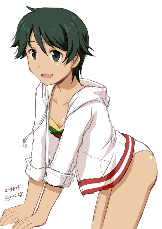 1girl, bikini, bikini_under_clothes, black_hair, breasts, cowboy_shot, drawstring, green_eyes, hood, hooded_jacket, hoodie, jacket, kantai_collection, leaning_forward, mogami_(kancolle), mogami_(swimsuit)_(kancolle), multicolored_bikini, nao_(nao_eg), short_hair, simple_background, small_breasts, solo, swimsuit, white_background, white_jacket