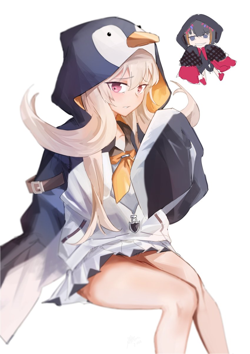 2girls, absurdres, animal_hood, black_dress, black_hair, black_hoodie, blonde_hair, blue_eyes