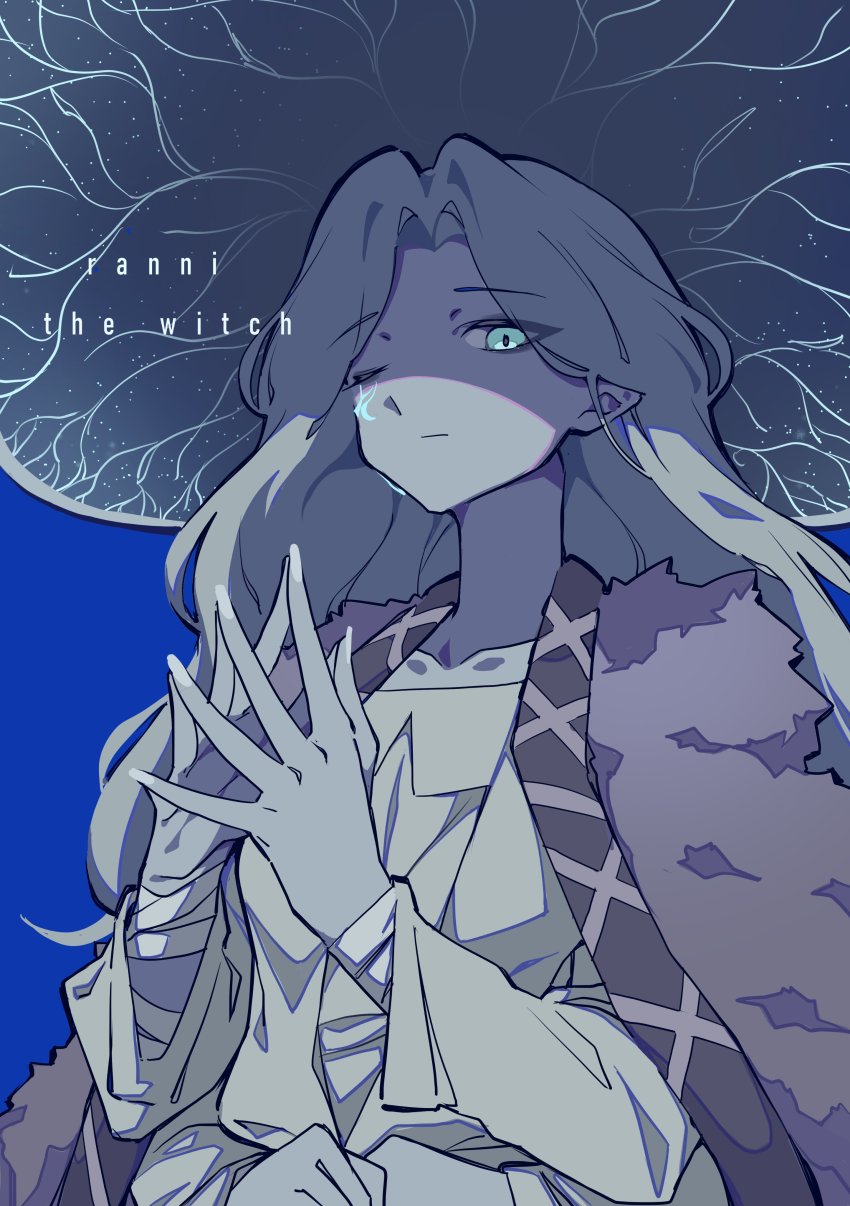 1girl, absurdres, blue_background, cape, character_name, cloak, closed_mouth, colored_skin