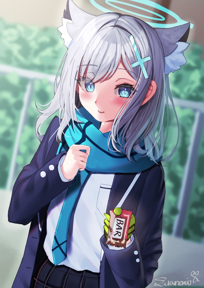 1girl, animal_ear_fluff, animal_ears, black_skirt, blue_archive, blue_coat, blue_eyes, blue_necktie