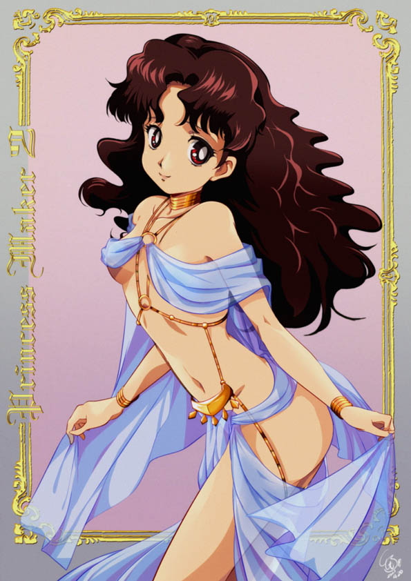 1girl, breasts, brown_hair, closed_mouth, dancer, framed, groin, hair_intakes, harem_outfit, long_hair, looking_at_viewer, navel, olive_oyl_(princess_maker_2), princess_maker_(series), princess_maker_1, princess_maker_2, red_eyes, revealing_clothes, small_breasts, smile, solo, tomo5656ky, underboob, very_long_hair