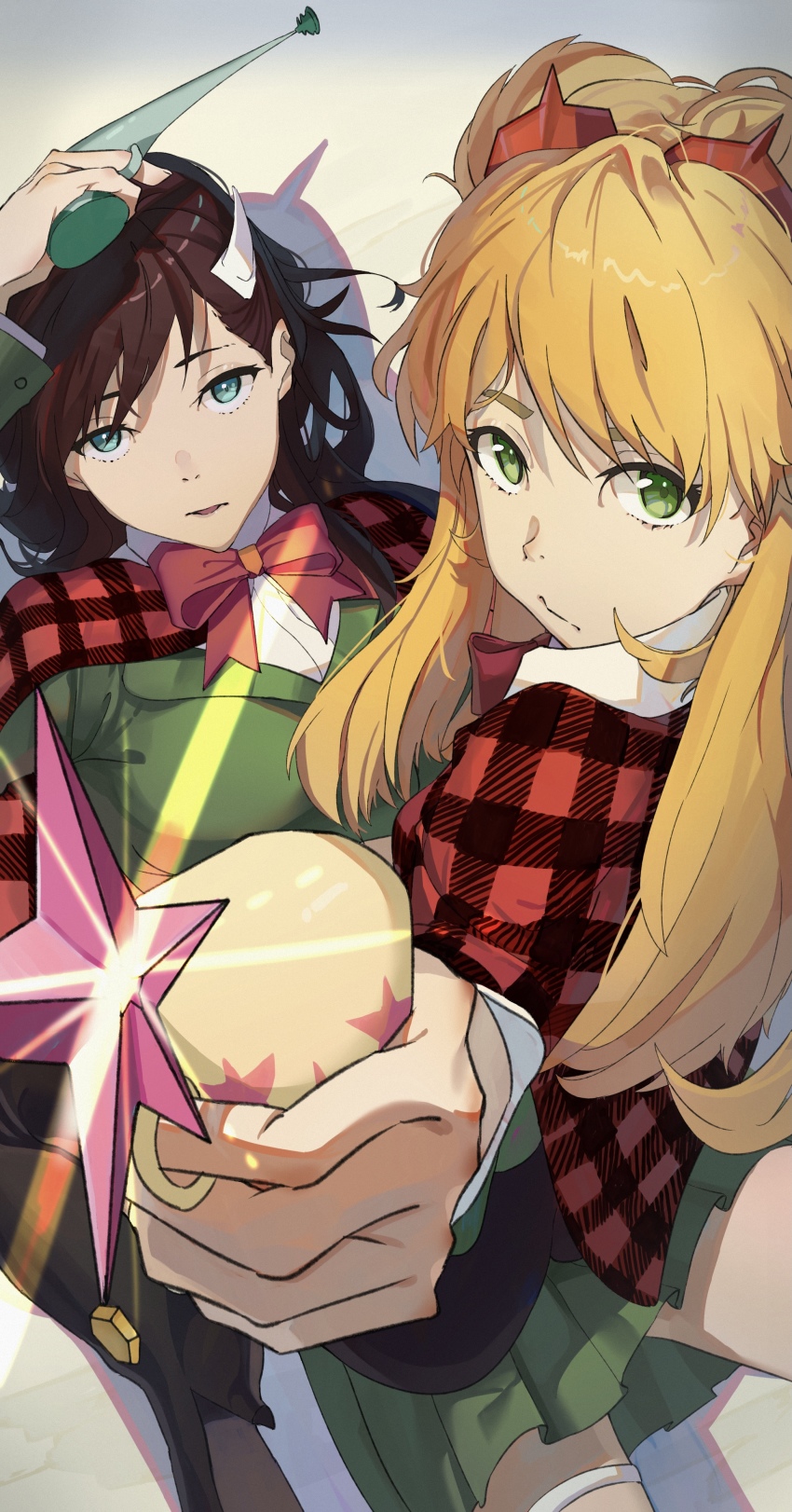 2girls, absurdres, black_hair, blonde_hair, blue_eyes, breasts, burn_the_witch, cape