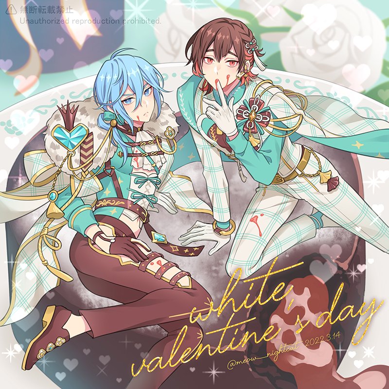 2boys, blue_eyes, blue_hair, brown_hair, chocolate, edmond_(nu_carnival), edmond_(white_lover)_(nu_carnival), formal_clothes