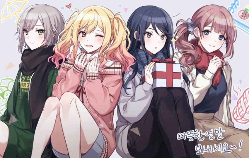 4girls, black_hair, black_pants, black_scarf, blonde_hair, blue_eyes, blue_scarf, blush