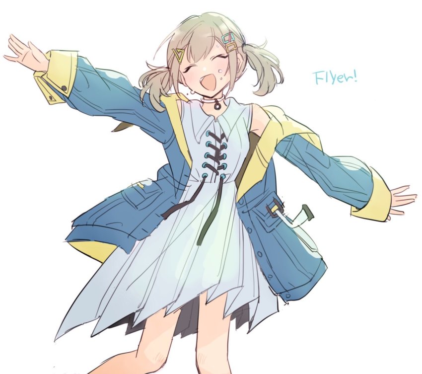 1girl, arm_up, armpit_crease, arms_at_sides, azusawa_kohane, bare_legs, bare_shoulders, blue_jacket, breasts, collared_dress, cross-laced_clothes, cross-laced_dress, dress, english_text, closed_eyes, facing_viewer, feet_out_of_frame, hair_between_eyes, hair_ornament, hairclip, happy, highres, jacket, laughing, legs_apart, light_blush, light_brown_hair, mamiichi, open_clothes, open_jacket, open_mouth, pleated_dress, project_sekai, short_dress, short_twintails, sidelocks, simple_background, sleeveless, sleeveless_dress, small_breasts, solo, sweat, triangle_hair_ornament, twintails, white_background, white_dress