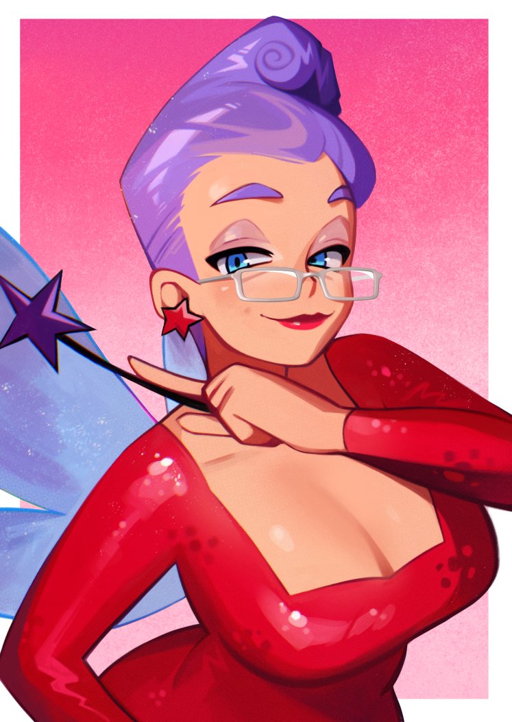 blue_eyes, border, breasts, cleavage, collarbone, commentary, dress, earrings, english_commentary, fairy_godmother_(shrek), glasses, hair_behind_ear, half-closed_eyes, holding, holding_wand, jewelry, kiddybro, large_breasts, mature_female, outside_border, pink_background, purple_hair, red_dress, shrek_(series), shrek_2, smile, star_(symbol), star_earrings, wand, white_border