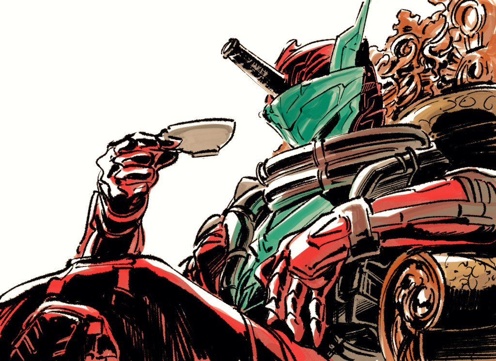 1boy, armor, asymmetrical_horns, black_horns, blood_stalk, blue_eyes, blue_horns, chair