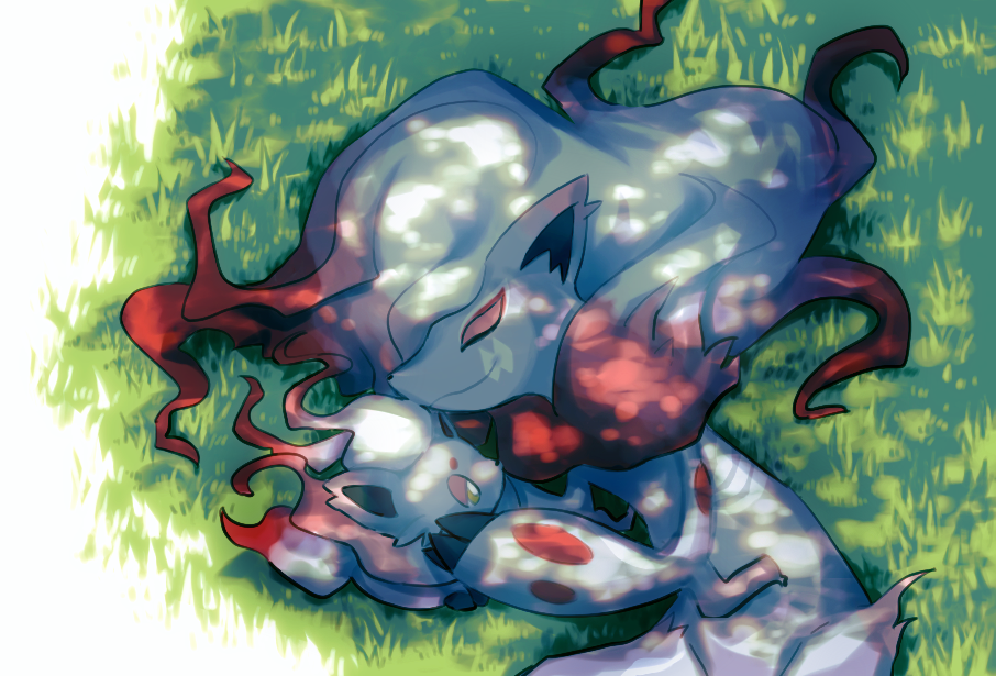 claws, closed_eyes, closed_mouth, commentary_request, day, evolutionary_line, from_above, grass, grey_fur, hisuian_zoroark, hisuian_zorua, miaivz, nintendo, outdoors, pokemon, pokemon_(creature), red_fur, sleeping, smile