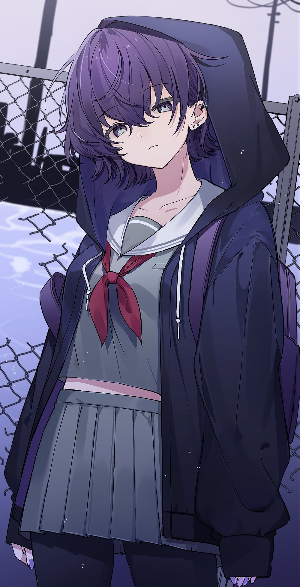 1girl, alternate_hair_length, alternate_hairstyle, arms_at_sides, asahina_mafuyu, backpack, bag, black_hoodie, black_pantyhose, blouse, building, caustics, chain-link_fence, clear_sky, closed_mouth, collarbone, colored_eyelashes, cowboy_shot, damaged, dot_nose, drawstring, dutch_angle, ear_piercing, earrings, empty_eyes, expressionless, fence, fingernails, full_moon, glint, grey_shirt, grey_skirt, grey_sky, grey_theme, hair_between_eyes, highres, hood, hood_up, hoodie, jewelry, light_particles, limited_palette, long_sleeves, looking_at_viewer, midriff_peek, moon, nail_polish, neckerchief, nes_402, outdoors, pantyhose, piercing, pleated_skirt, project_sekai, purple_eyes, purple_hair, purple_nails, purple_theme, red_neckerchief, reflection, reflective_liquid, sailor_collar, school_uniform, shirt, short_hair, silhouette, skirt, sky, sleeves_past_wrists, solo, stud_earrings, tsurime, utility_pole, water, white_sailor_collar