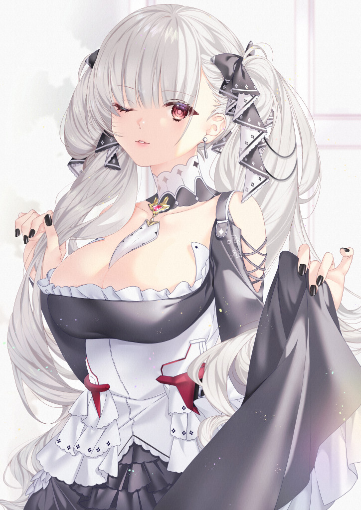 1girl, akapug621, azur_lane, bare_shoulders, between_breasts, black_dress, black_nails, black_ribbon