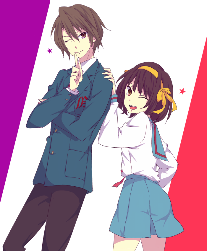 1boy, 1girl, :d, blazer, blue_sailor_collar, blue_skirt, brown_eyes, brown_hair