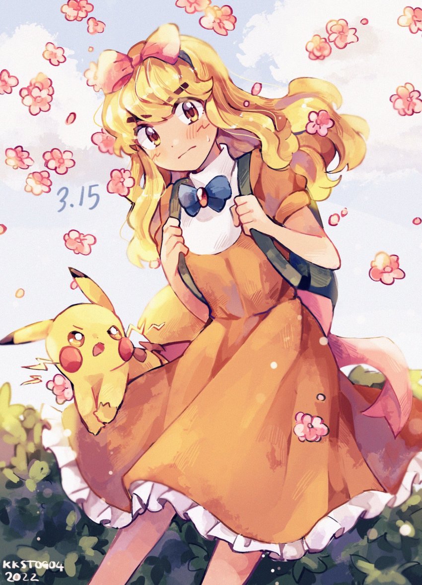 1boy, ash_ketchum, ashley_(pokemon), blue_eyes, bow, bowtie, catsubun_(kkst0904), closed_mouth, commentary_request, crossdressing, crossdressing_(mtf), day, dress, feet_out_of_frame, from_side, gen_1_pokemon, highres, holding, looking_at_viewer, male_focus, nintendo, orange_dress, outdoors, pikachu, pokemon, pokemon_(anime), pokemon_(classic_anime), pokemon_(creature), trap