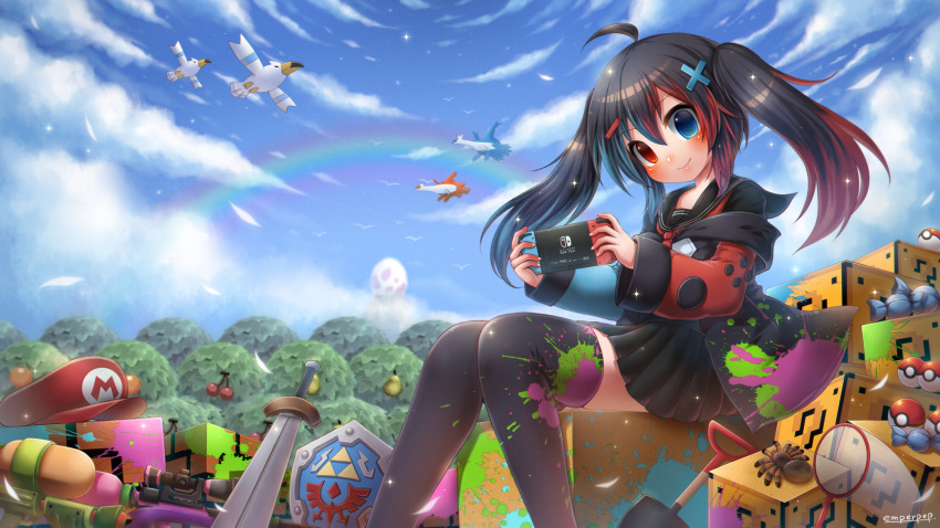 1girl, ?_block, asymmetrical_sleeves, black_hair, black_skirt, black_thighhighs, blue_eyes, blue_hair