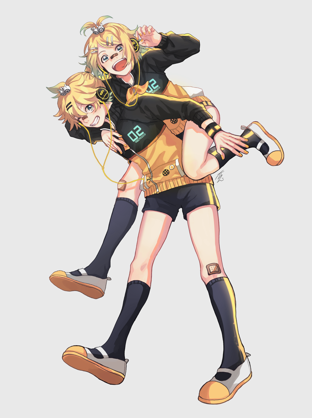 1boy, 1girl, bandaid, bandaid_on_face, bandaid_on_knee, bandaid_on_leg, bandaid_on_nose, blonde_hair