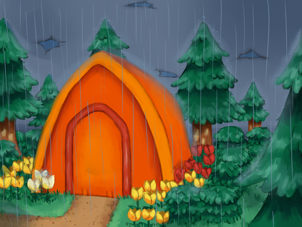animal_crossing, campsite, cedar_tree, flabbeycrossing, flower, grass, nintendo, rain, tulip