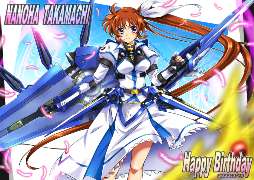 1girl, armor, armored_dress, blush, breasts, dated, dress, fortress_(nanoha)