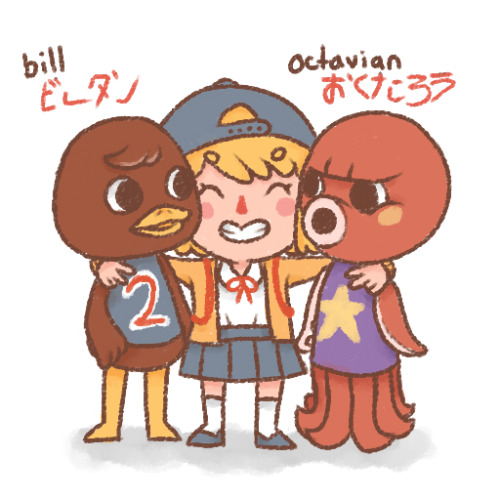 animal_crossing, bill_(animal_crossing), blonde_hair, flabbeycrossing, hands_on_shoulders, hat, lowres, nintendo, octavian_(animal_crossing), white_background