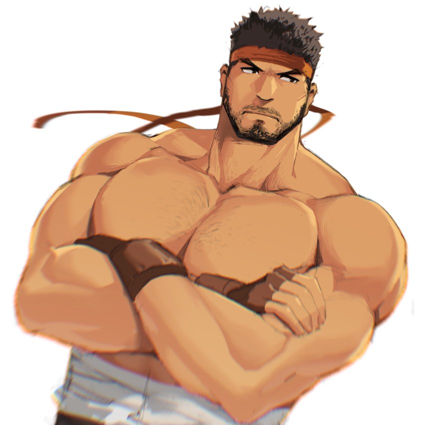1boy, bandages, bara, bare_pectorals, beard, black_eyes, black_hair, chest_hair