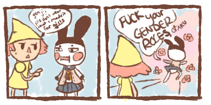 animal_crossing, comic, crossdressing, english_text, flabbeycrossing, genji_(animal_crossing), nintendo, rabbit, tsundere, villager_(animal_crossing)