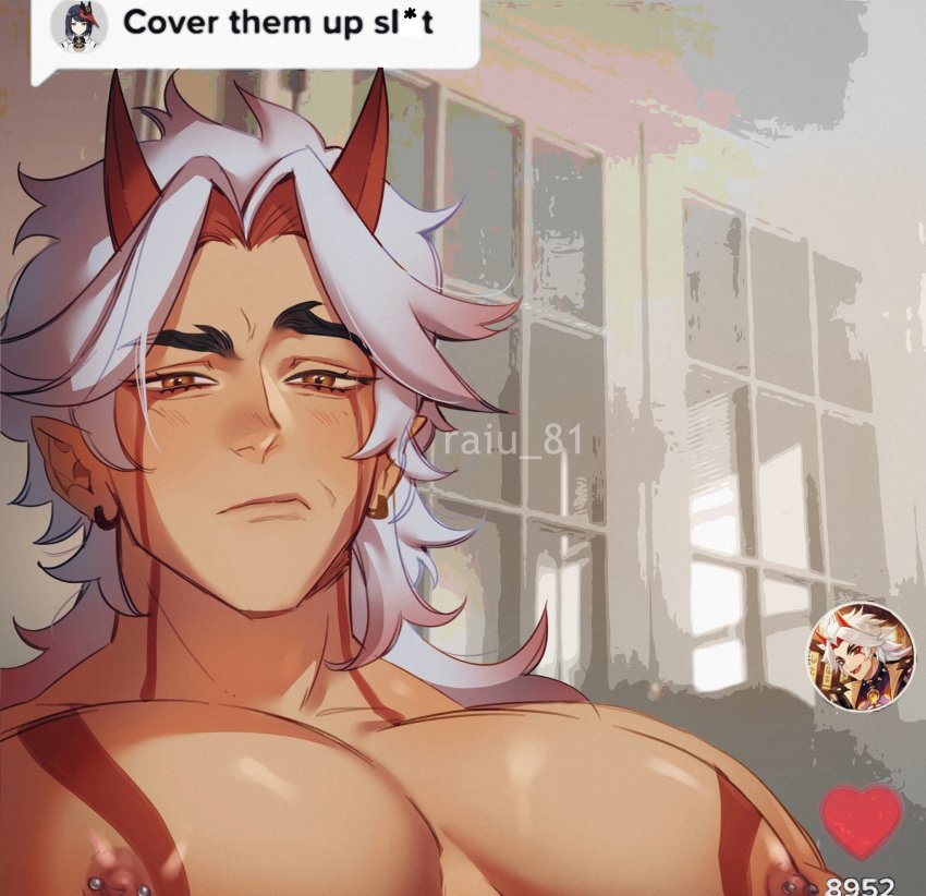 cover_them_up_slut_(meme), dialogue_box, highres, meme, pectoral_focus, pectorals, raiu_81, tagme