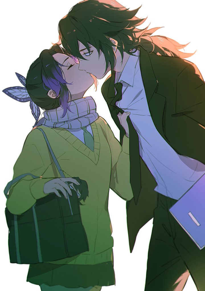 1boy, 1girl, alternate_costume, backlighting, bag, bag_charm, black_hair, black_pants