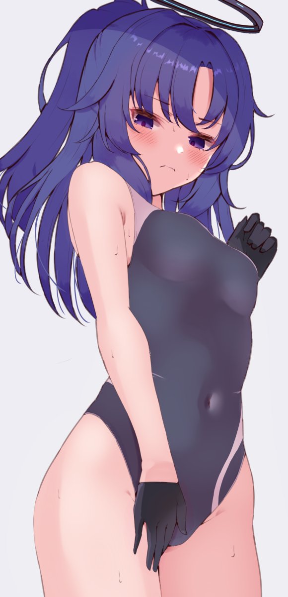 1girl, alternate_hairstyle, black_gloves, black_one-piece_swimsuit, blue_archive, blush, competition_swimsuit, cowboy_shot