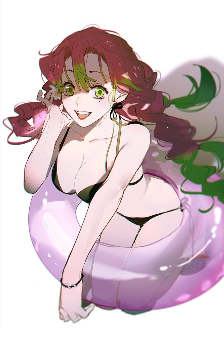 1girl, :d, adjusting_hair, alternate_costume, bikini, black_bikini, bracelet, breasts, cleavage, collarbone, flip-flops, flower, green_eyes, green_hair, hair_flower, hair_ornament, halterneck, innertube, jewelry, kanroji_mitsuri, kimetsu_no_yaiba, kneeling, long_hair, looking_at_viewer, maosen, mole, mole_under_eye, multicolored_hair, open_mouth, pink_hair, sandals, shade, side-tie_bikini_bottom, simple_background, smile, solo, string_bikini, swim_ring, swimsuit, transparent, two-tone_hair, wet, white_background, white_flower