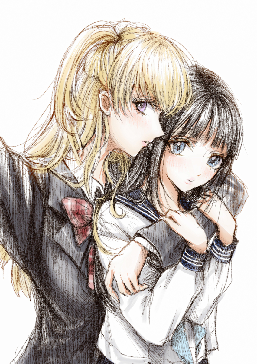 2girls, absurdres, akebi-chan_no_serafuku, akebi_komichi, black_hair, blonde_hair, blue_eyes, commentary