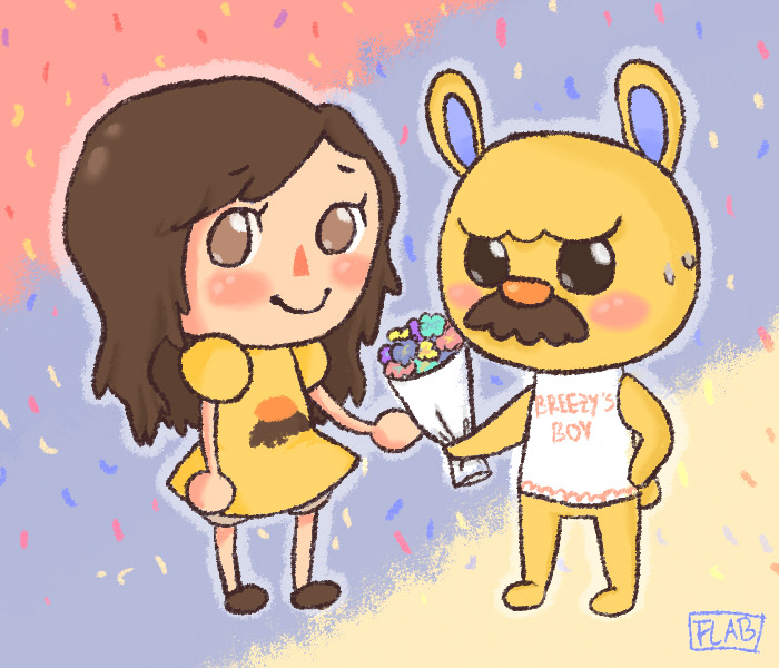 animal_crossing, blue_background, bouquet, flabbeycrossing, flower, gaston_(animal_crossing), nintendo, red_background