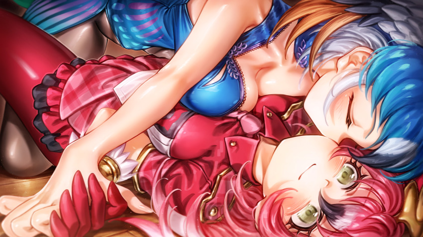 2girls, all_fours, asymmetrical_docking, bare_arms, bare_shoulders, bird_wings, black_hair, black_legwear