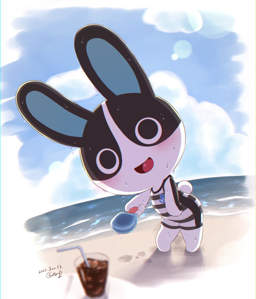 animal_crossing, beach, blue_sky, blush, dotty_(animal_crossing), drink, food, highres