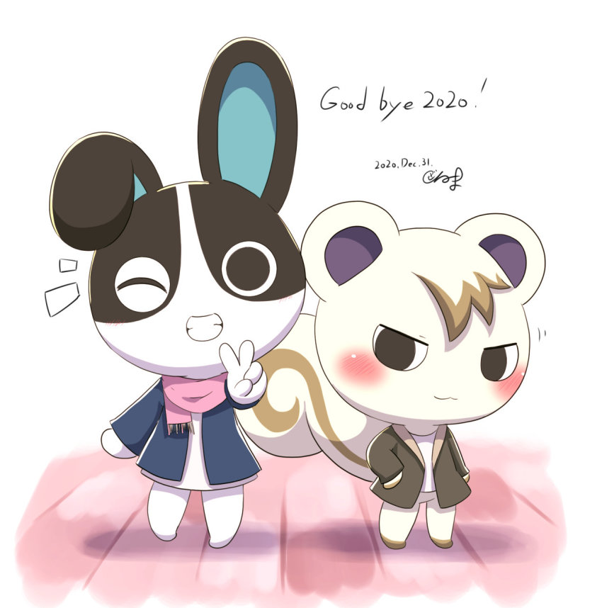 animal_crossing, dotty_(animal_crossing), hand_on_pocket, highres, marshal_(animal_crossing), nintendo, one_eye_closed, peace_symbol