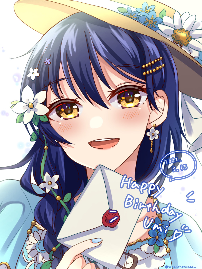 1girl, 2022, a_maiden_innocence_(love_live!), absurdres, alternate_hairstyle, aqua_bow, aqua_dress, aqua_nails