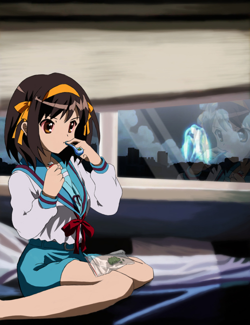bloodshot_eyes, brown_eyes, brown_hair, celestial_(haruhi), drugs, headband, lighter, marijuana, smoking_pipe, red_eyes, suzumiya_haruhi, suzumiya_haruhi_no_yuuutsu, third-party_edit