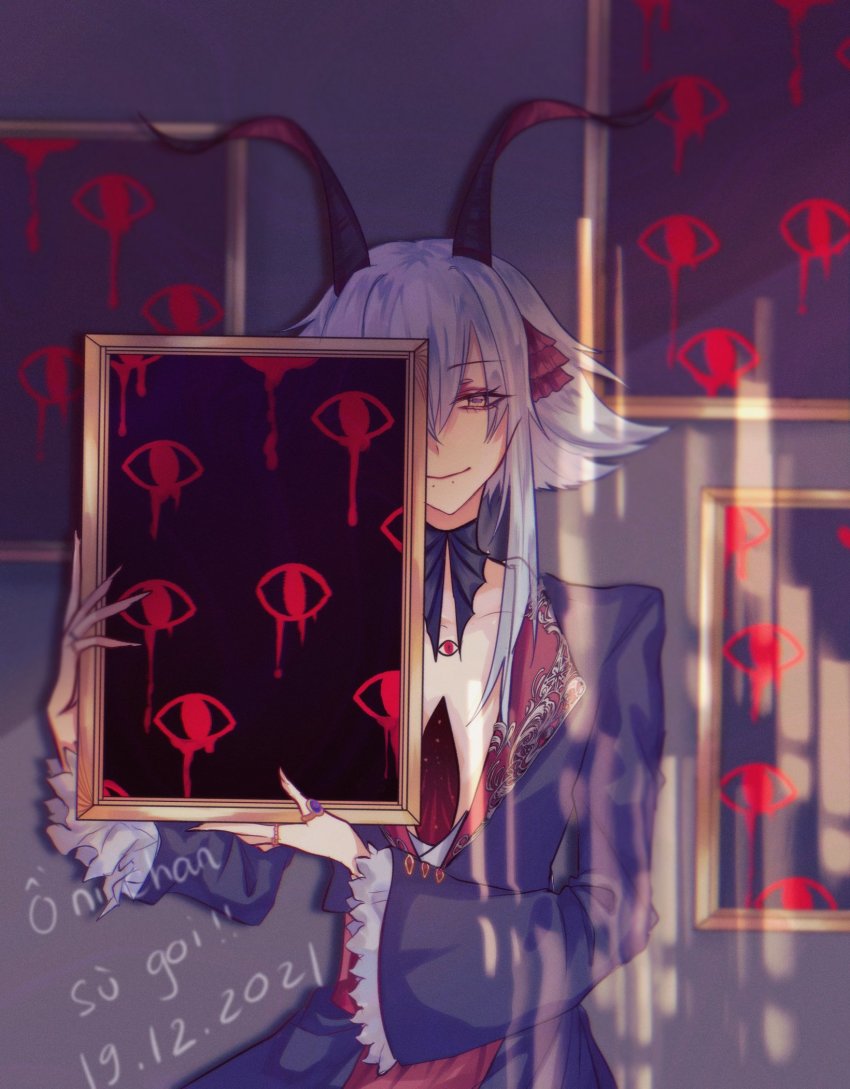 1other, 3di_project, amel3di, closed_mouth, dated, drawing_(object), goat_horns, hair_between_eyes